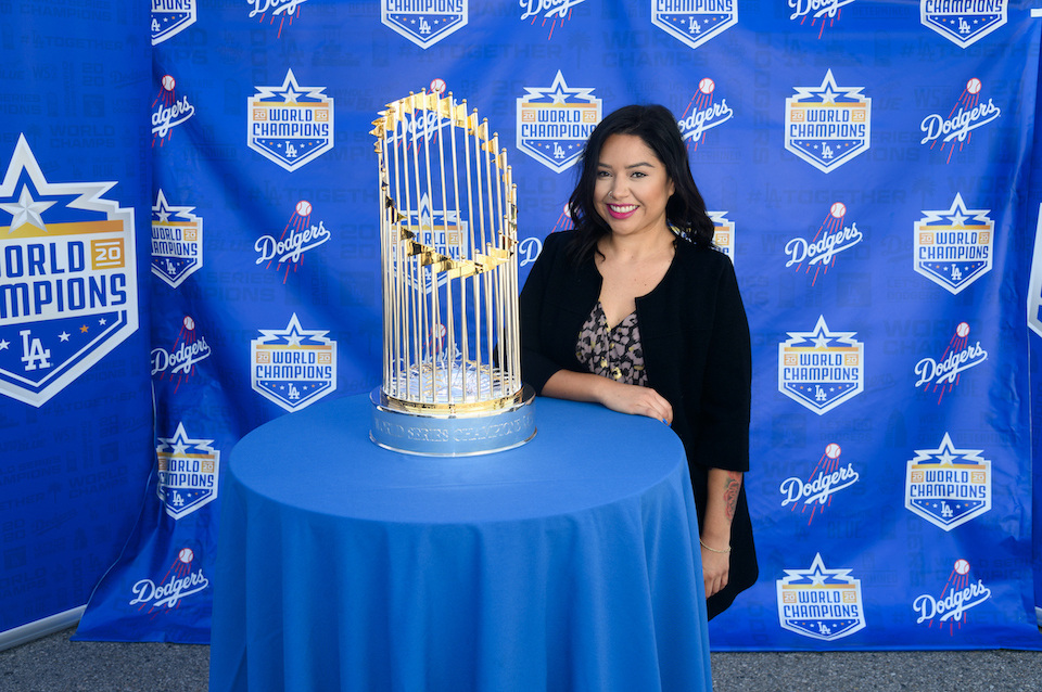 Lauren Rojo with the Los Angeles Dodgers 2020 World Series Champion Trophy