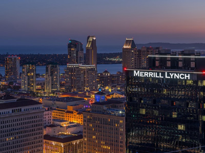Photo of the Merrill Lynch skyscraper with the San Diego skyline in the background.
