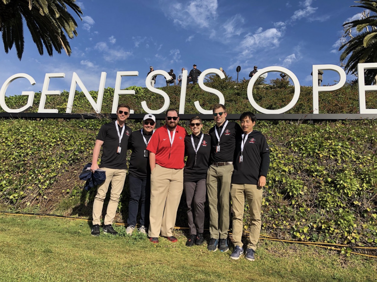 Scott Patterson (left) poses with SMBA '20 classmates during the PGA TOUR's Genesis Open. 