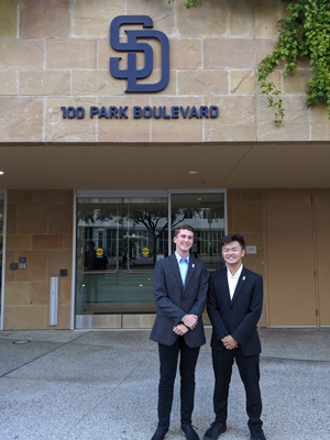 Brucin and fellow Fowler Scholar, Khai Nguyen, at Petco Park after meeting with Ron Fowler. 