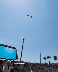 Two F/A-18 Hornets fly over Snapdragon Stadium immediately prior to the first game played in the new stadium (Courtesy of SDSU)
