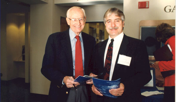 Alex DeNoble (right) stands next to Daryl Mitton, the SDSU management professor responsible for establishing the university’s entrepreneurship program