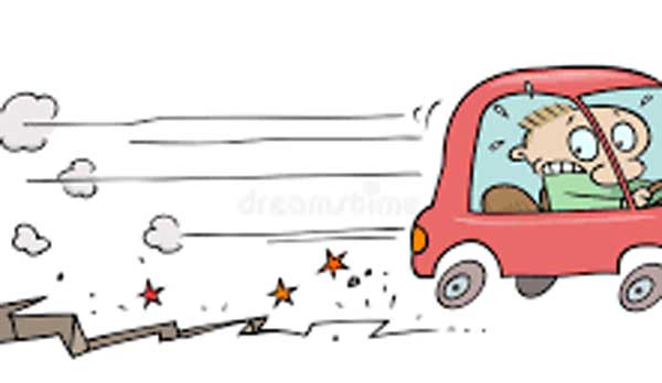 cartoon animation car driving on a cracked road